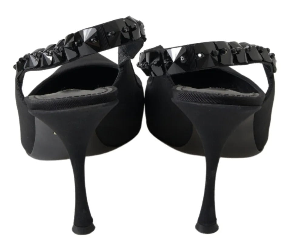 Dolce & Gabbana Black Embellished Charmeuse Slingback Heels Shoes