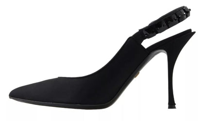 Dolce & Gabbana Black Embellished Charmeuse Slingback Heels Shoes Dolce & Gabbana