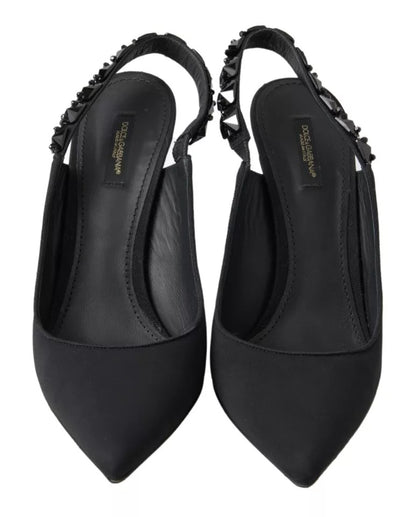 Dolce & Gabbana Black Embellished Charmeuse Slingback Heels Shoes Dolce & Gabbana