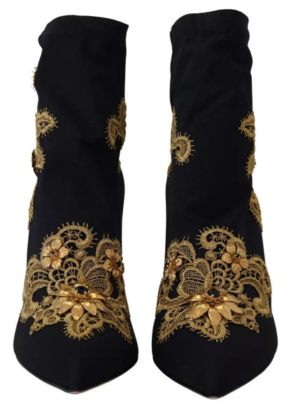 Dolce & Gabbana Black Gold Embroidery Slip On Boots Shoes Dolce & Gabbana