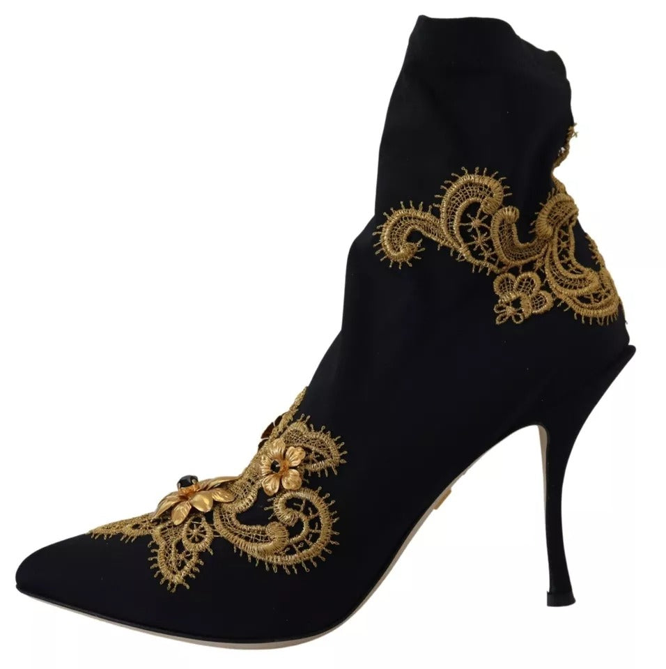 Dolce & Gabbana Black Gold Embroidery Slip On Boots Shoes Dolce & Gabbana