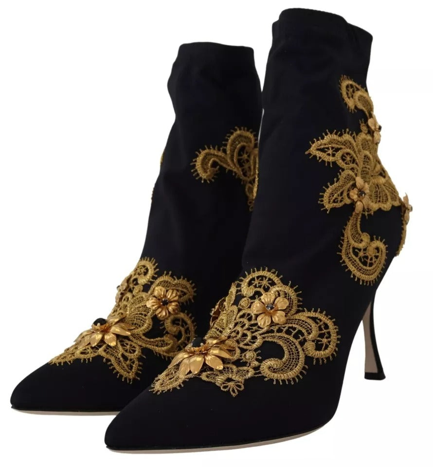 Dolce & Gabbana Black Gold Embroidery Slip On Boots Shoes Dolce & Gabbana