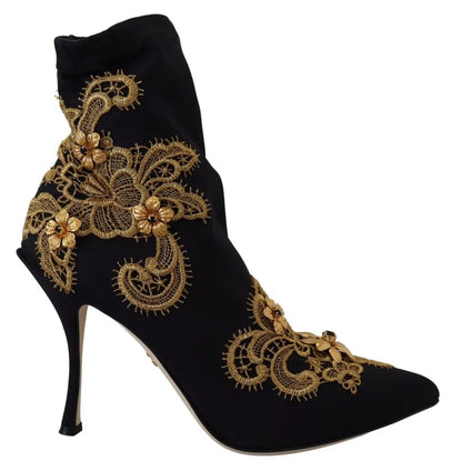 Dolce & Gabbana Black Gold Embroidery Slip On Boots Shoes Dolce & Gabbana