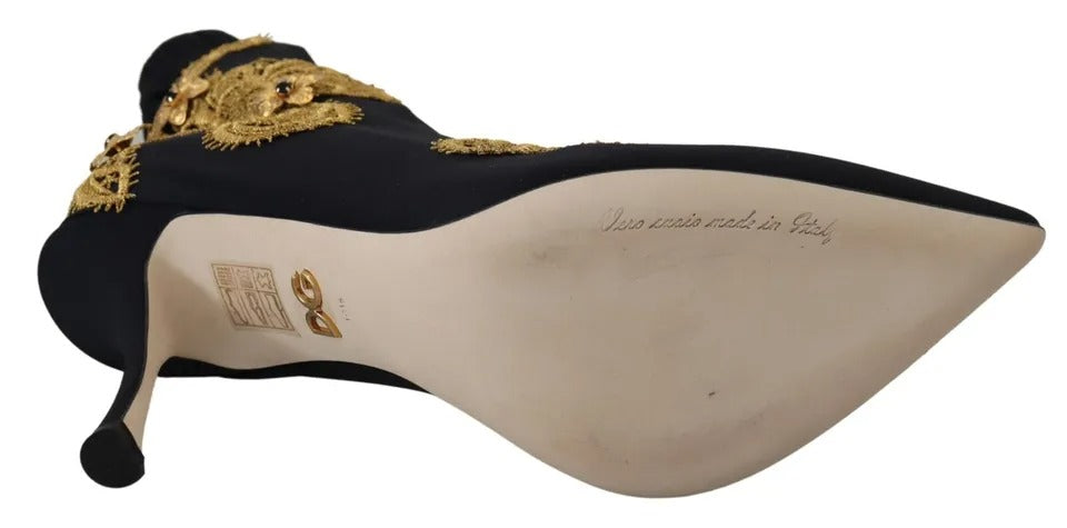 Dolce & Gabbana Black Gold Embroidery Slip On Boots Shoes Dolce & Gabbana