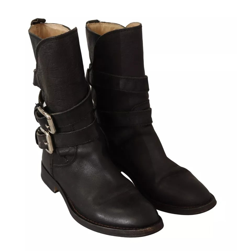 Dolce & Gabbana Black Leather Buckle Mid Calf Boots Shoes Dolce & Gabbana