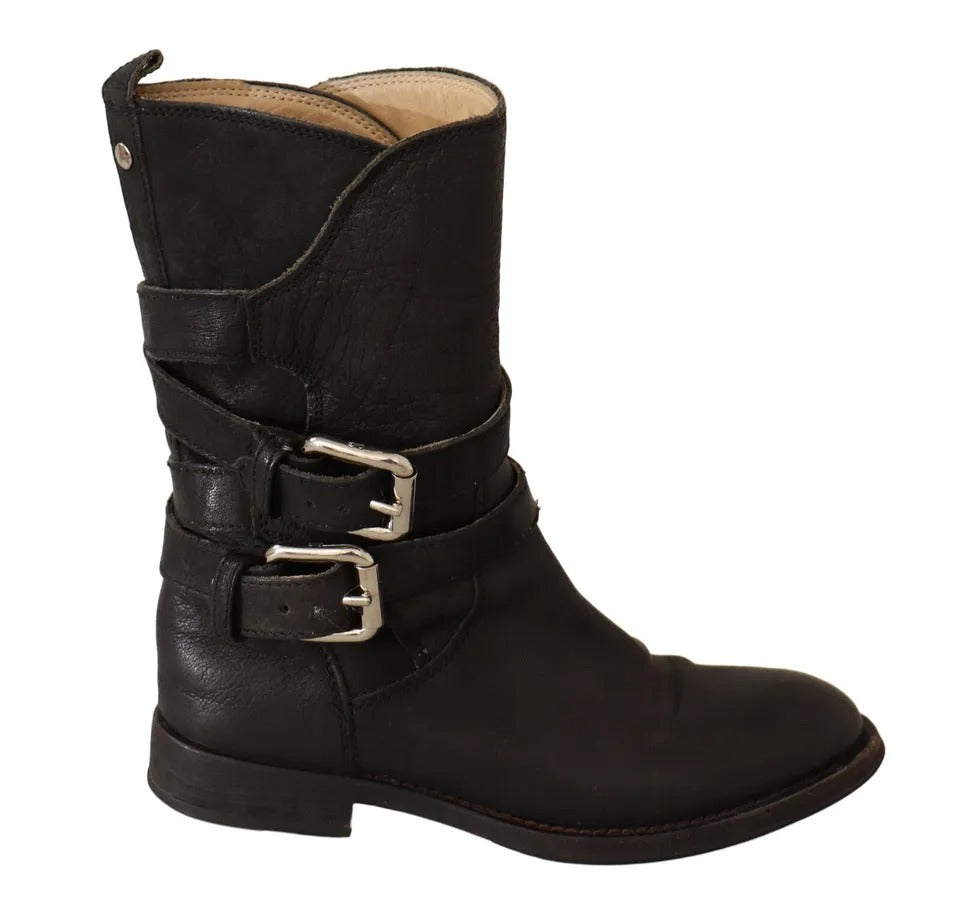 Dolce & Gabbana Black Leather Buckle Mid Calf Boots Shoes Dolce & Gabbana