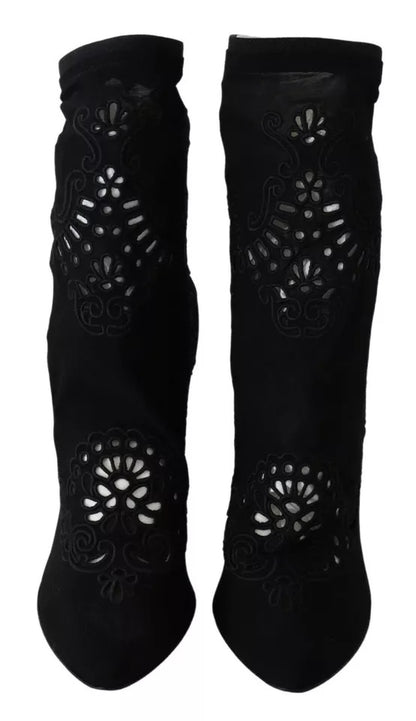 Dolce & Gabbana Black Stretch Pumps Boots Floral Lace Shoes Dolce & Gabbana