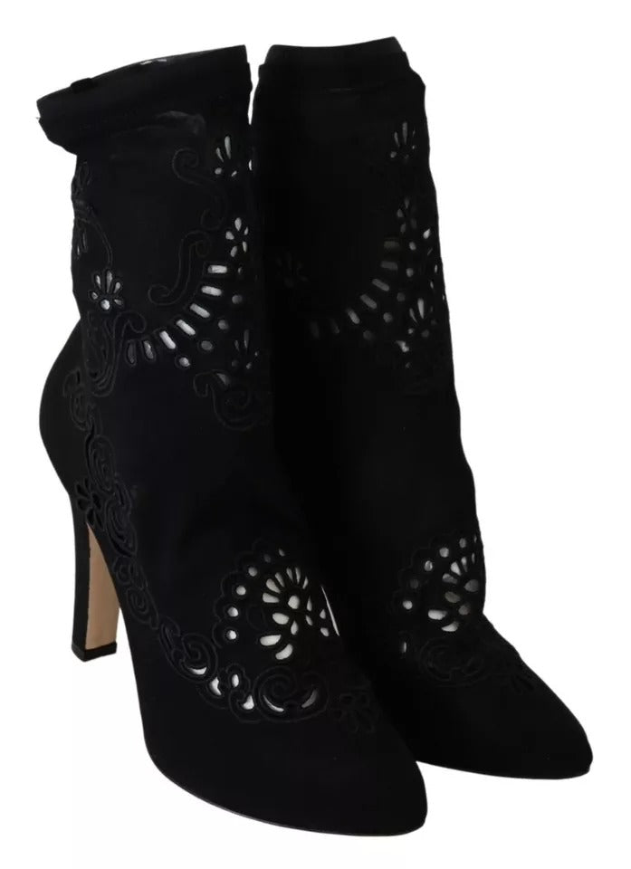 Dolce & Gabbana Black Stretch Pumps Boots Floral Lace Shoes Dolce & Gabbana