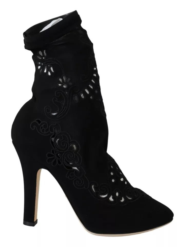 Dolce & Gabbana Black Stretch Pumps Boots Floral Lace Shoes Dolce & Gabbana