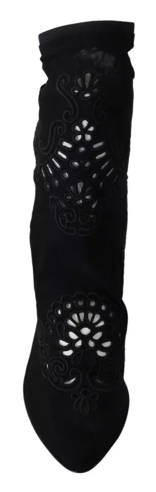 Dolce & Gabbana Black Stretch Pumps Boots Floral Lace Shoes Dolce & Gabbana