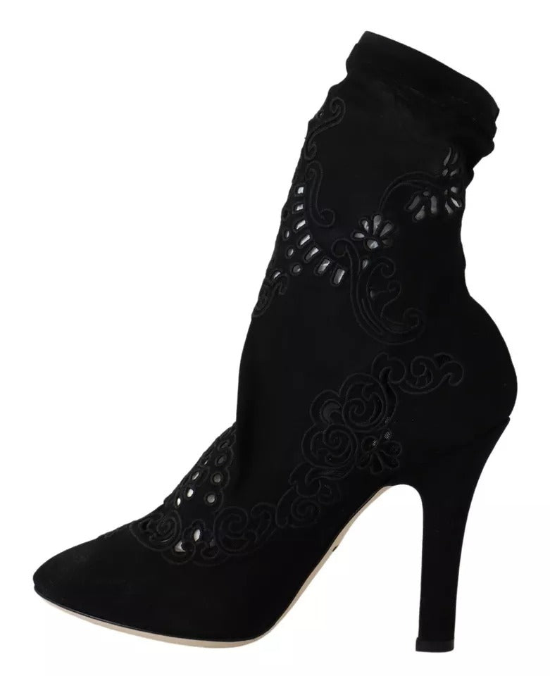 Dolce & Gabbana Black Stretch Pumps Boots Floral Lace Shoes