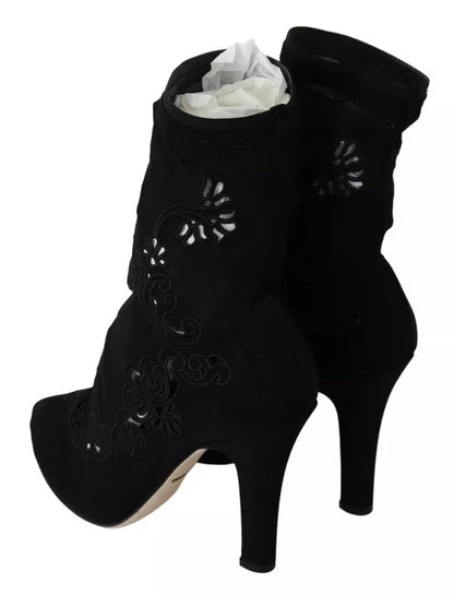 Dolce & Gabbana Black Stretch Pumps Boots Floral Lace Shoes Dolce & Gabbana