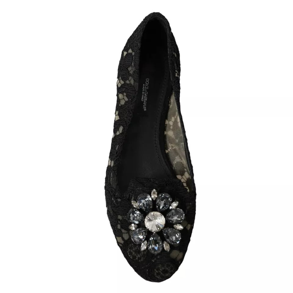 Dolce & Gabbana Black Taormina Lace Crystals Flats Shoes Dolce & Gabbana