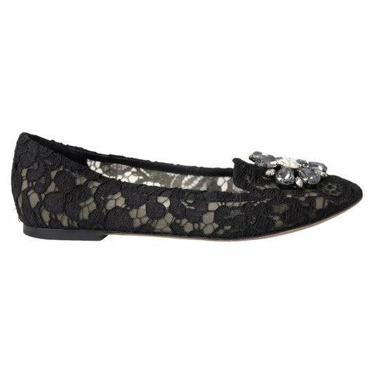 Dolce & Gabbana Black Taormina Lace Crystals Flats Shoes Dolce & Gabbana