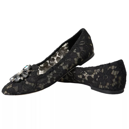 Dolce & Gabbana Black Taormina Lace Crystals Flats Shoes Dolce & Gabbana