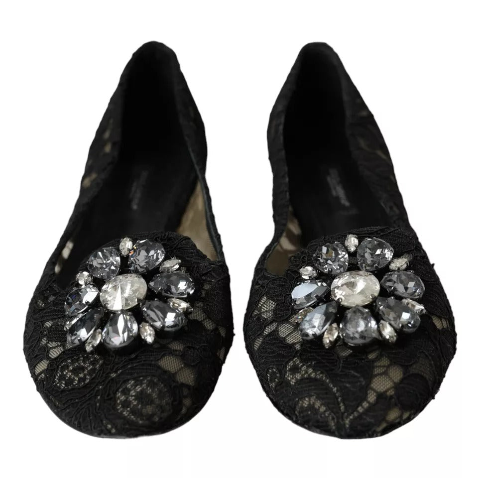 Dolce & Gabbana Black Taormina Lace Crystals Flats Shoes Dolce & Gabbana