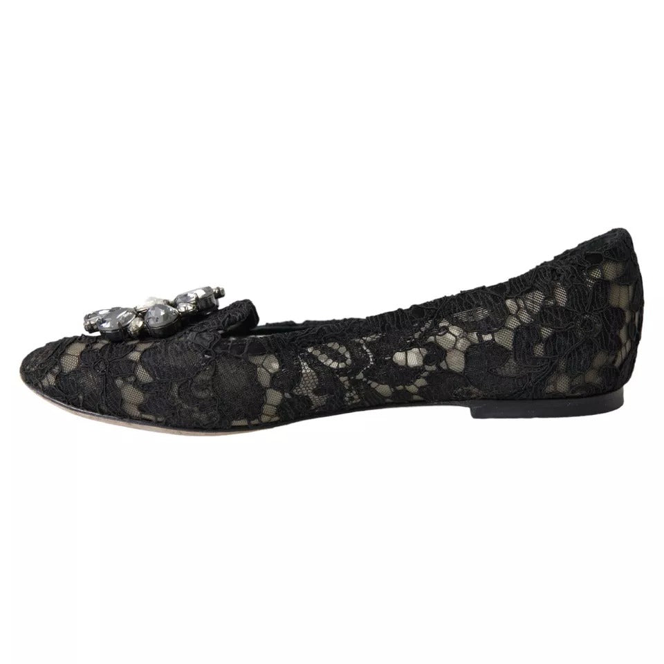 Dolce & Gabbana Black Taormina Lace Crystals Flats Shoes Dolce & Gabbana