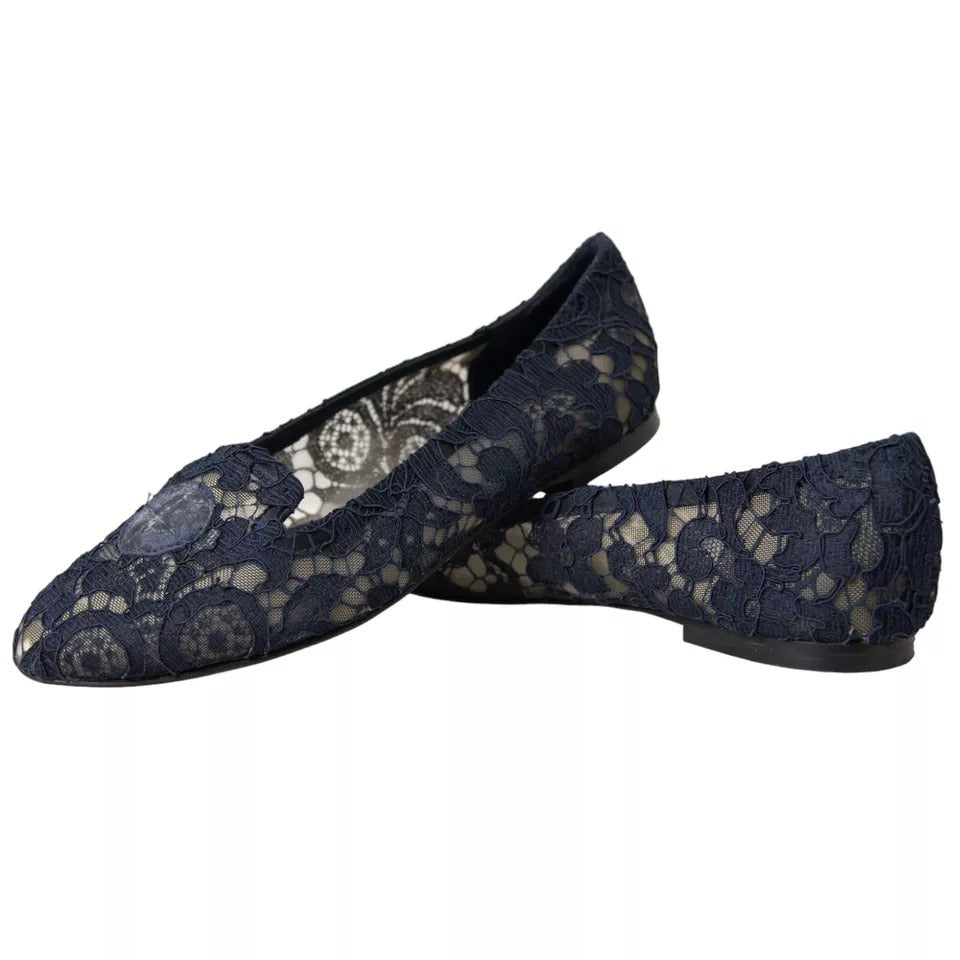 Dolce & Gabbana Dark Blue Taormina Lace Slip On Flats Shoes Dolce & Gabbana