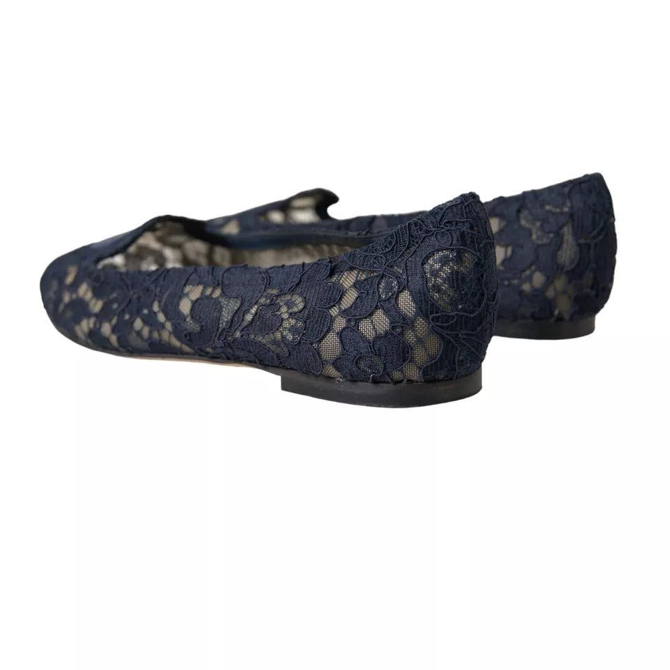 Dolce & Gabbana Dark Blue Taormina Lace Slip On Flats Shoes Dolce & Gabbana