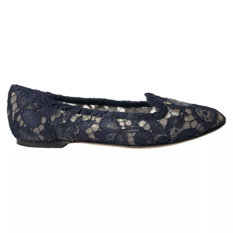 Dolce & Gabbana Dark Blue Taormina Lace Slip On Flats Shoes Dolce & Gabbana