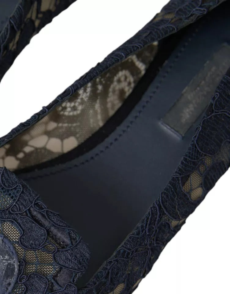 Dolce & Gabbana Dark Blue Taormina Lace Slip On Flats Shoes Dolce & Gabbana