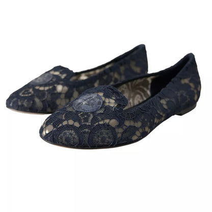 Dolce & Gabbana Dark Blue Taormina Lace Slip On Flats Shoes Dolce & Gabbana