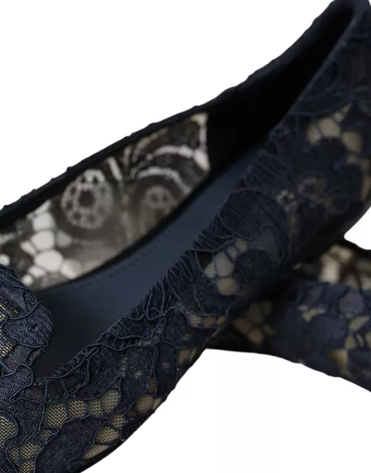 Dolce & Gabbana Dark Blue Taormina Lace Slip On Flats Shoes Dolce & Gabbana