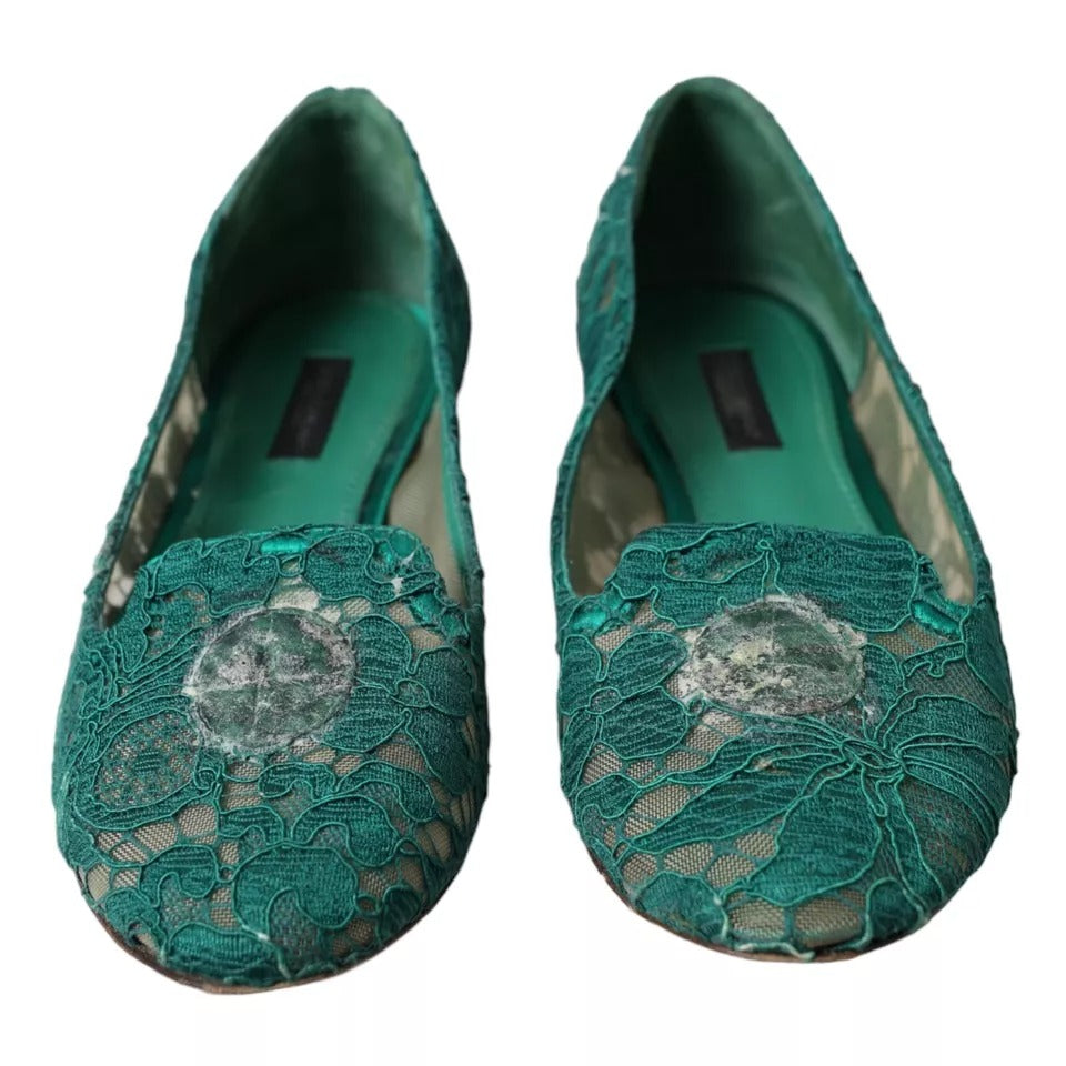 Dolce & Gabbana Green Taormina Lace Slip On Flats Shoes Dolce & Gabbana