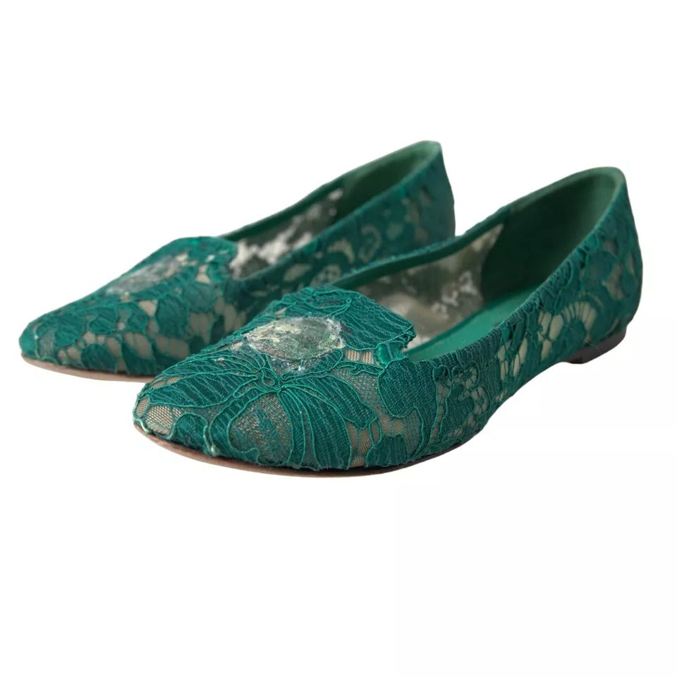 Dolce & Gabbana Green Taormina Lace Slip On Flats Shoes Dolce & Gabbana