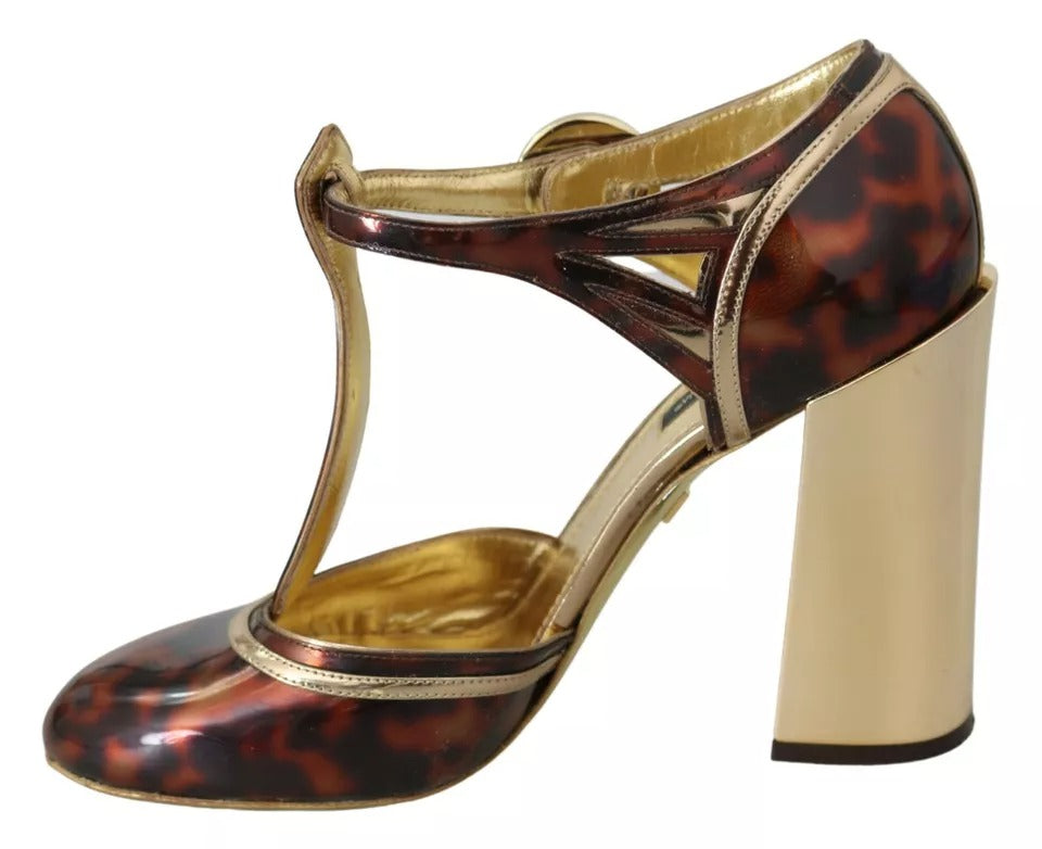 Dolce & Gabbana Gold Leopard T-strap Pumps Sandals Shoes Dolce & Gabbana