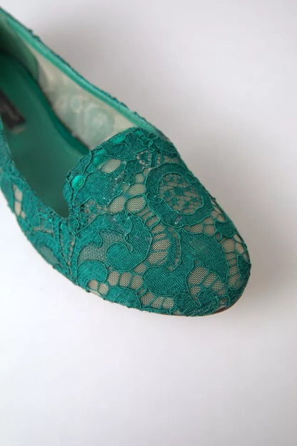 Dolce & Gabbana Green Floral Lace Loafers Flats Shoes Dolce & Gabbana