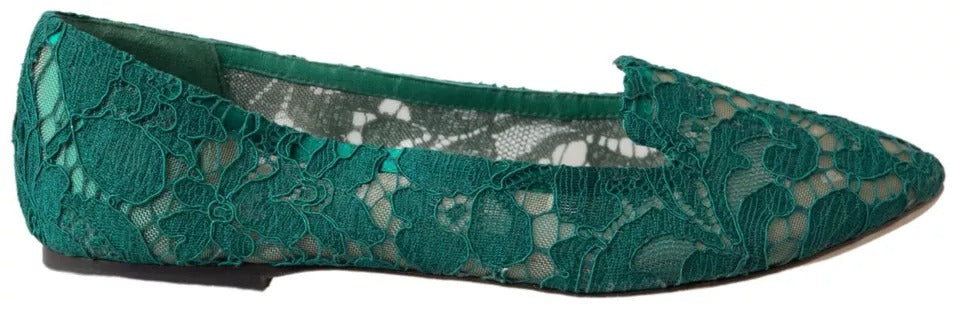 Dolce & Gabbana Green Floral Lace Loafers Flats Shoes Dolce & Gabbana