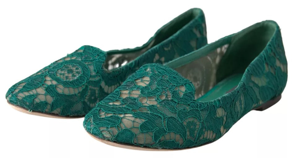 Dolce & Gabbana Green Floral Lace Loafers Flats Shoes Dolce & Gabbana