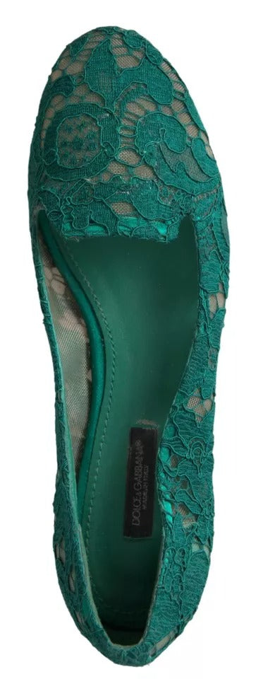 Dolce & Gabbana Green Floral Lace Loafers Flats Shoes Dolce & Gabbana