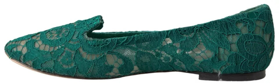 Dolce & Gabbana Green Floral Lace Loafers Flats Shoes Dolce & Gabbana