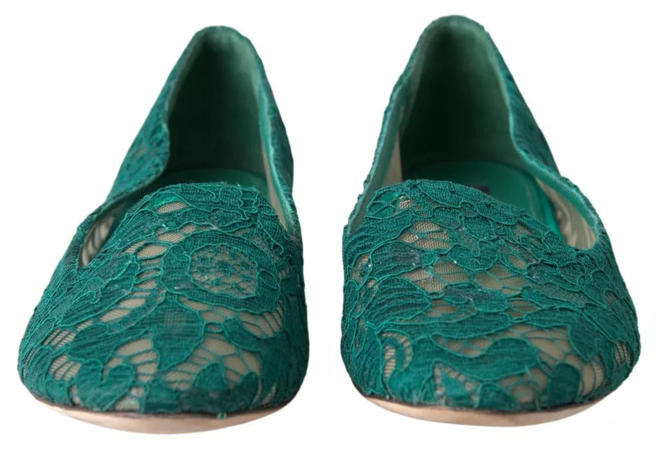 Dolce & Gabbana Green Floral Lace Loafers Flats Shoes Dolce & Gabbana