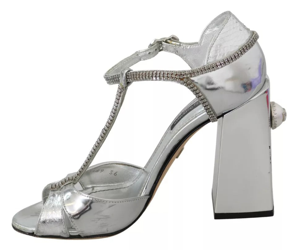 Dolce & Gabbana Silver Crystals T-strap Sandals Leather Shoes Dolce & Gabbana