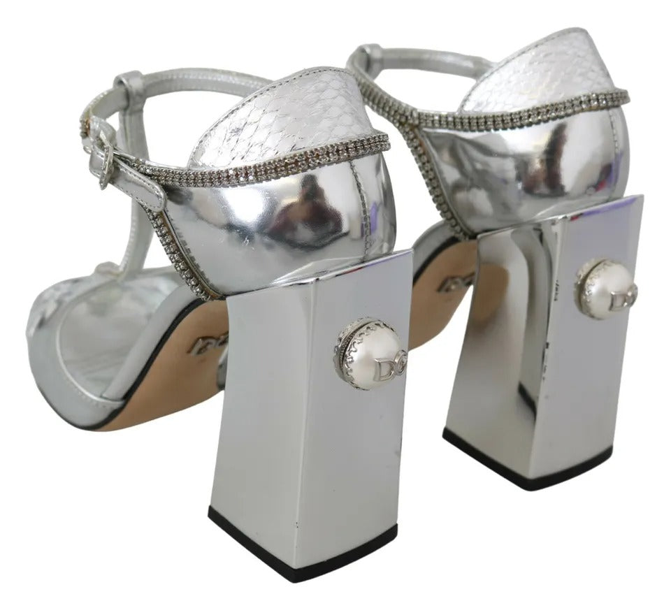 Dolce & Gabbana Silver Crystals T-strap Sandals Leather Shoes Dolce & Gabbana