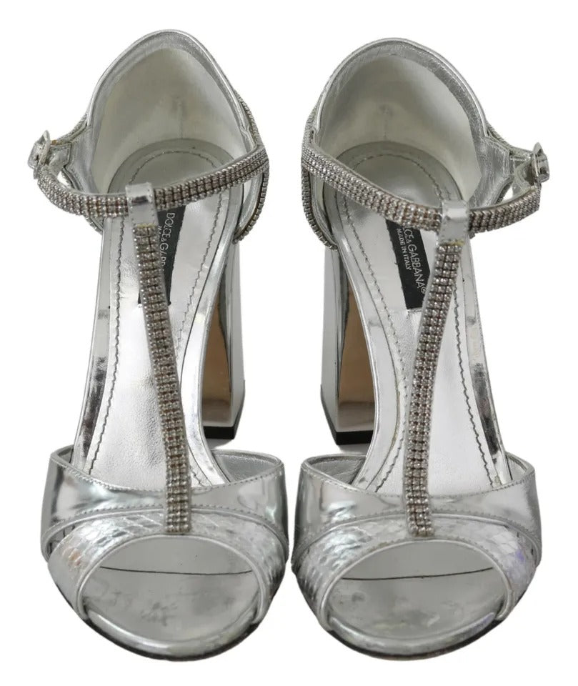 Dolce & Gabbana Silver Crystals T-strap Sandals Leather Shoes Dolce & Gabbana