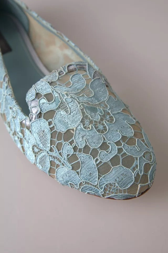 Dolce & Gabbana Light Blue Floral Lace Loafers Flats Shoes Dolce & Gabbana