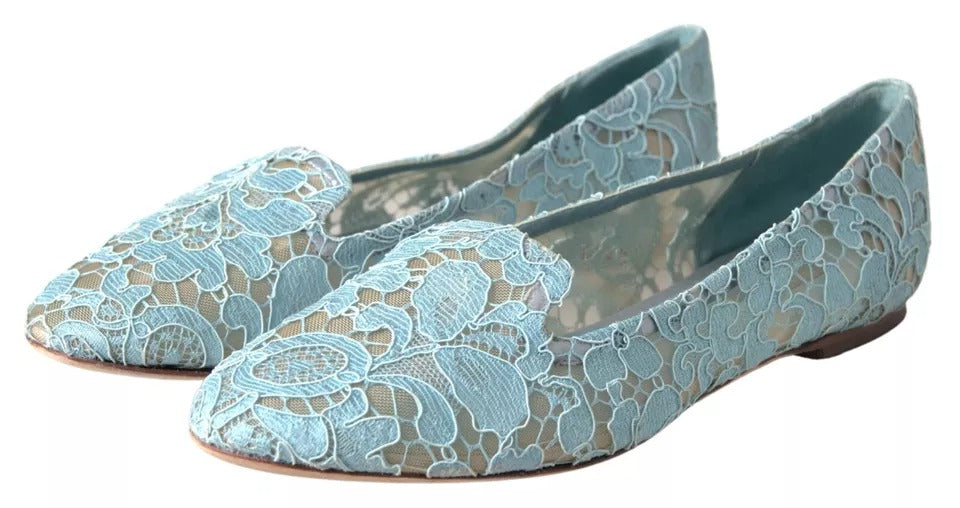 Dolce & Gabbana Light Blue Floral Lace Loafers Flats Shoes Dolce & Gabbana