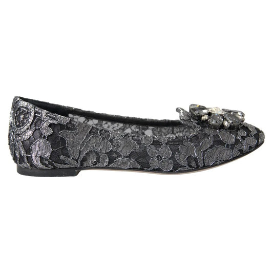 Dolce & Gabbana Gray Black Lace Crystal Ballet Loafers Shoes Dolce & Gabbana