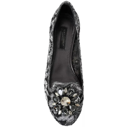 Dolce & Gabbana Gray Black Lace Crystal Ballet Loafers Shoes Dolce & Gabbana