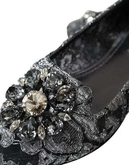 Dolce & Gabbana Gray Black Lace Crystal Ballet Loafers Shoes Dolce & Gabbana