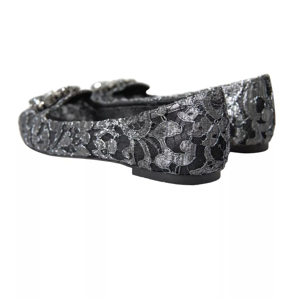 Dolce & Gabbana Gray Black Lace Crystal Ballet Loafers Shoes Dolce & Gabbana