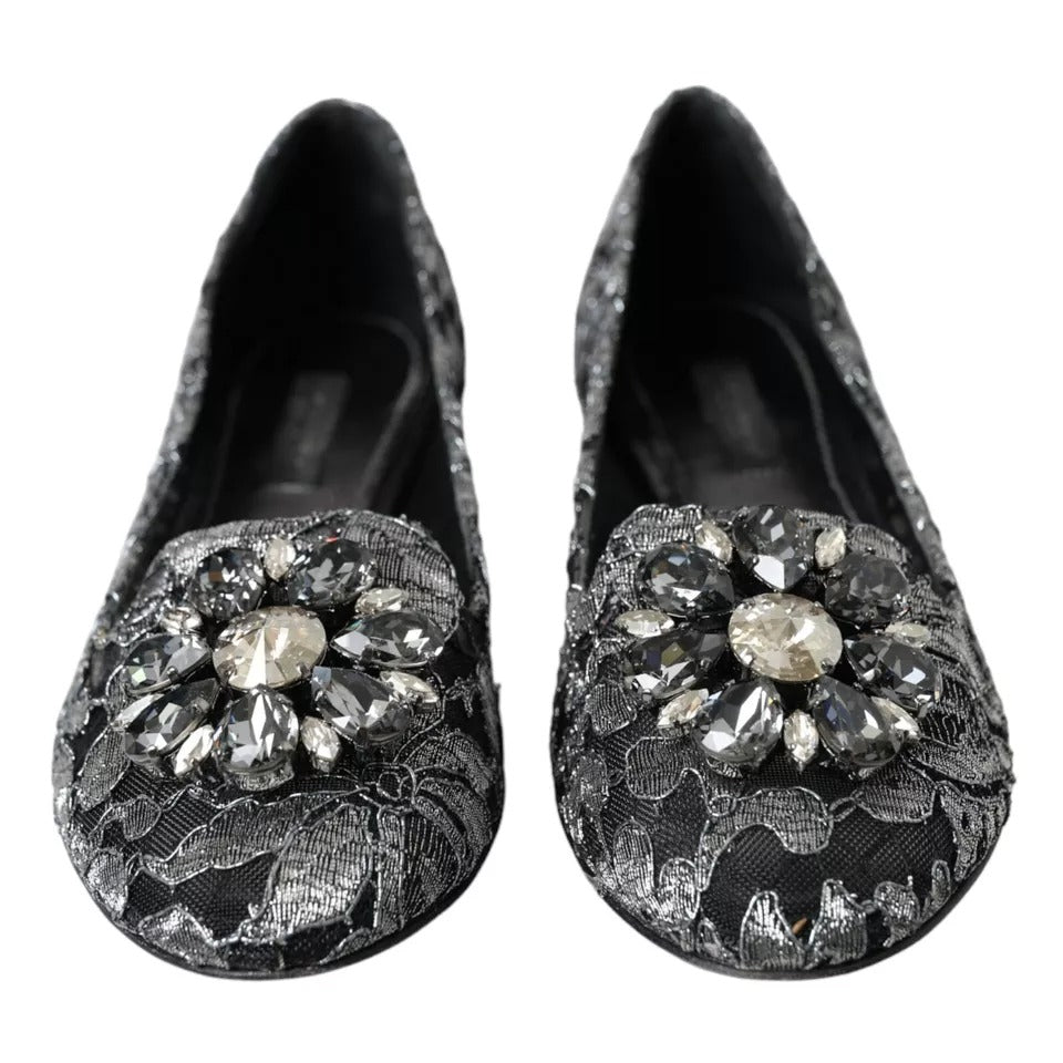 Dolce & Gabbana Gray Black Lace Crystal Ballet Loafers Shoes Dolce & Gabbana