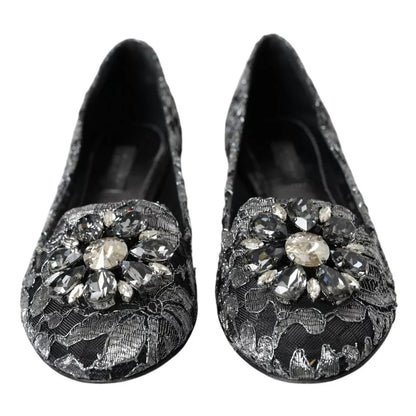 Dolce & Gabbana Gray Black Lace Crystal Ballet Loafers Shoes Dolce & Gabbana