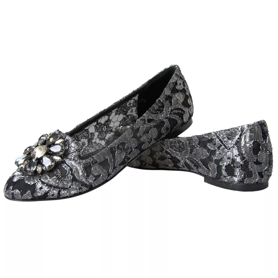 Dolce & Gabbana Gray Black Lace Crystal Ballet Loafers Shoes Dolce & Gabbana