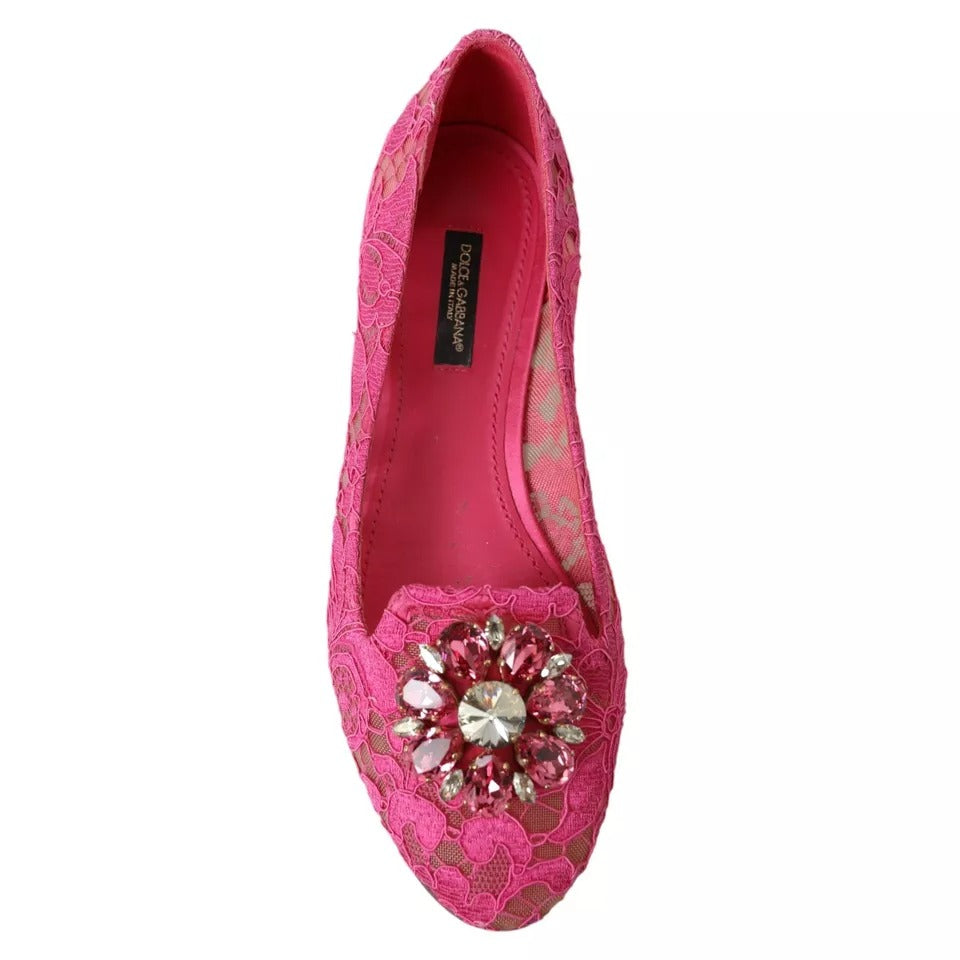 Dolce & Gabbana Pink Lace Crystal Ballet Loafers Shoes Dolce & Gabbana