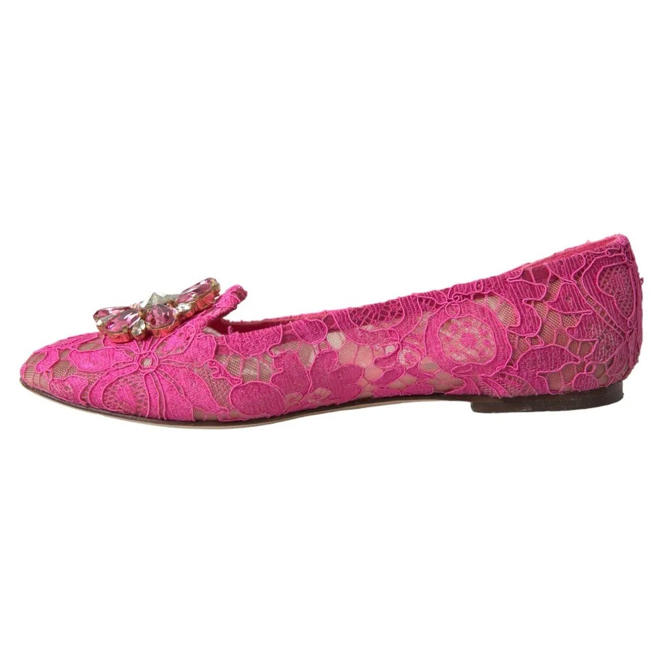 Dolce & Gabbana Pink Lace Crystal Ballet Loafers Shoes Dolce & Gabbana